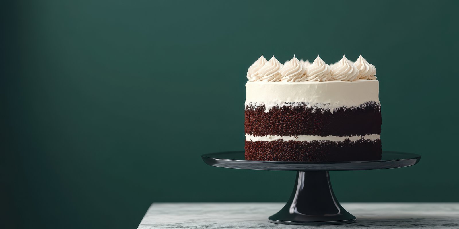 Chocolate layer cake with cream frosting displayed on a black cake stand against a green background